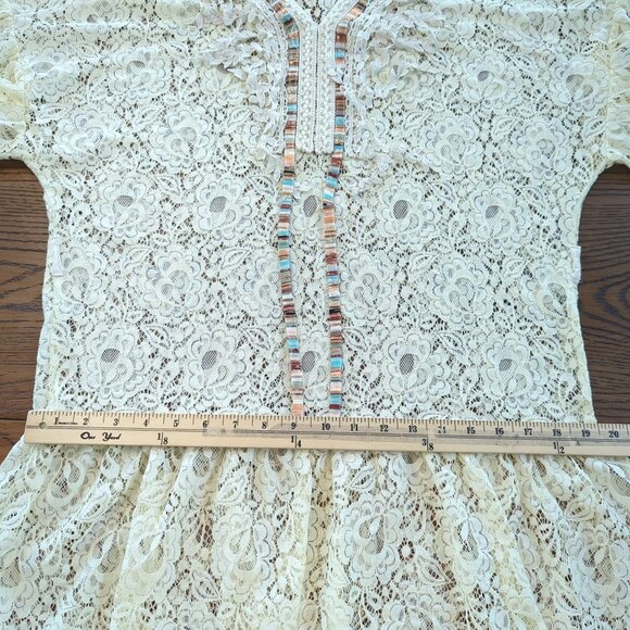 Arty Blush‎ Lace Boho Tunic Flutter ruffle short sleeve Beige Bohemian Gypsy S/M - Picture 13 of 14
